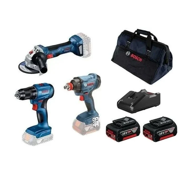 BOSCH GSR 185 + GDX 180 + GWS 180 3'lü Akülü Makine Seti 2 x 4.0 Amper (Çift Akülü)